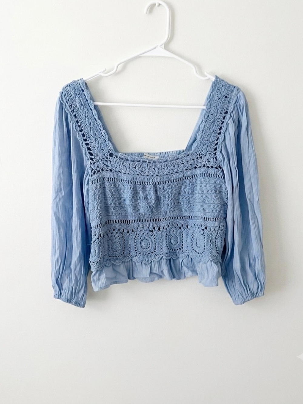 American Eagle Outfitters Light Blue Crochet Smocked Square-Neck Top